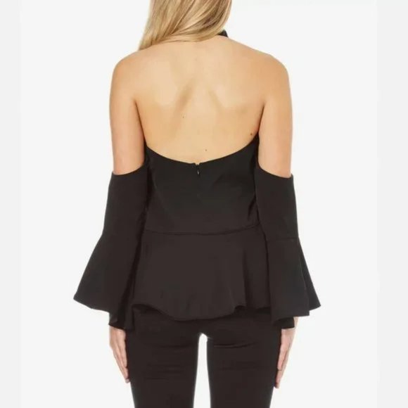 C/MEO COLLECTIVE Too Close Halter Bell Sleeve Cold Shoulder Black Top - Picture 7 of 12